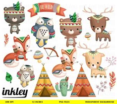 an image of animals and teepees in the wild clipart set by inkley