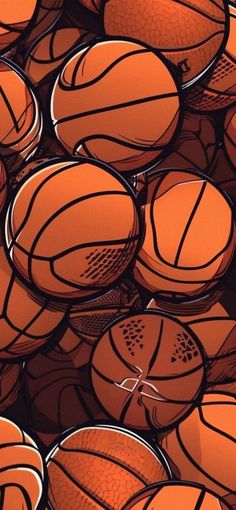 many basketballs are stacked on top of each other in an abstract pattern, orange and black