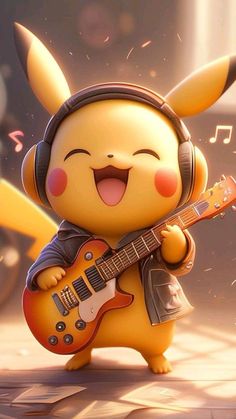 pikachu with headphones playing an electric guitar