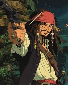 One Piece Jack Sparrow, Pirate Anime Art, Jack Sparrow Anime, Jack Sparrow Cartoon, Jack Sparrow Dibujo, Pirates Of The Caribbean Wallpaper, Pirates Wallpaper, Pirate Wallpaper