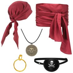 three different types of accessories including a bandana, ring, and skull pendants