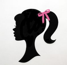 the silhouette of a woman's head with a pink bow in her hair is shown