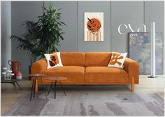 an orange couch sitting in a living room next to a table and potted plant