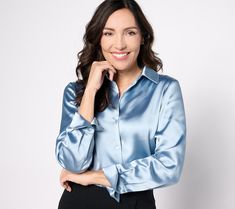 It's an occasion to celebrate! Slip into this silky, exquisitely tailored top and make a joyful entrance. From BEAUTIFUL by Lawrence Zarian. Anniversary Shoot, Concert Outfits, Satin Blouses, Satin Blouse, Tall Women, Blue Satin, Corsets, Concert Outfit, Blouse And Skirt