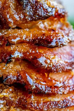 closeup of barbecue ribs with bbq sauce on the top and green leaves in the background