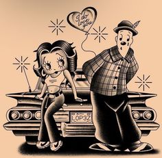 a man and woman are standing in front of a car