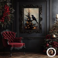 This hauntingly beautiful painting by Designs by Linda Nee captures a dark Christmas scene featuring a black raven perched on a sparse, eerie evergreen tree adorned with glowing candle-like lights. The raven's glossy feathers and piercing gaze add a gothic, mysterious atmosphere, while the warm, dripping lights evoke a sense of vintage holiday charm contrasted with a shadowy tone. The muted background, painted in shades of gray and beige, enhances the moody, ethereal feel, making the image perfe Dark Academia Christmas Tree, Gothic Christmas Decor, Dark And Moody Christmas, Dripping Lights, Christmas Dark Academia, Dark Yule, Crow Christmas, Dark Academia Christmas, Raven Perched