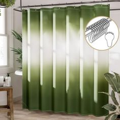 a green shower curtain hanging in a bathroom