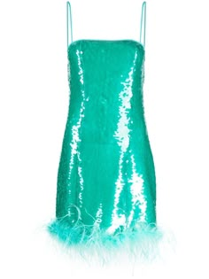 aqua blue sequin embellishment spaghetti straps square neck sleeveless feather-trim detailing concealed rear zip fastening Latest Fashion Design, Green Sequins, Feather Light, Sequin Mini, Sequin Mini Dress, Dress Brands, Aqua Blue, Square Neck, Me Too Shoes