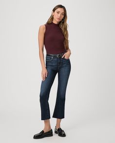 This high-rise cropped flare is slim through the hip and thigh with a kick flare below the knee that finishes above the ankle. Cut from our TRANSCEND VINTAGE denim in a timeless vintage-inspired dark wash with lived-in details and a raw hem, this pair has the look of authentic vintage denim but is incredibly comfortable with plenty of stretch and recovery. | Colette Crop Flare Jean - Shipwreck Blue | Size 23 Crop Flare, Men Store, Cropped Flare Jeans, Kick Flares, Denim Shoes, Cropped Flares, Shipwreck, Bottom Clothes, Vintage Denim