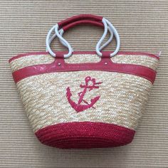 Straw Studios Large Nautical Summer Tote Bag New Without Tags! Red And Natural Straw With Red Anchor Design Rope Handles Red And White Striped Lining Interior Zipped Pocket Zipper Top Enclosure Approx. Size - Top (21.5”); Bottom (12.5”); Depth (13.5”) Red Double Handle Beach Bag For Travel, Red Bucket Beach Bag For Travel, Red Beach Bag With Double Handle, Red Tote Beach Bag With Handles, Red Double Handle Beach Bag For Everyday Use, Red Double Handle Straw Bag For Travel, Red Large Capacity Beach Bag For Vacation, Large Capacity Red Beach Bag For Vacation, Casual Red Bags With Handles