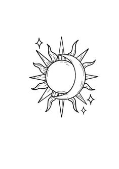 a black and white drawing of the sun with stars on it's back side