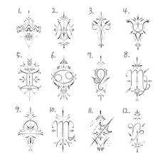 an image of zodiac signs and their meanings in the style of tattoo art on white paper