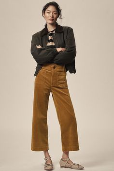 The pant so beloved, it sparked its own collection. Marked by a breezy wide-leg silhouette and form-fitting high-rise, the Colette Pant is tried, trued, and rave-reviewed. | The Colette Cropped Wide-Leg Pants by Maeve: Corduroy Edition in Brown, Women's, Size: 25, Cotton/Elastane/Modal at Anthropologie Earth Tone Clothes, Colored Pants Outfits, Cropped Pants Outfit, Anthropologie Fall, Corduroy Pants Women, High Waisted Wide Leg Pants, Cropped Wide Leg Pants, Corduroy Trousers, Back Patch