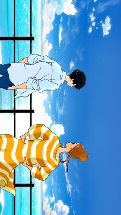 two anime characters standing in front of a blue sky with clouds and water behind them