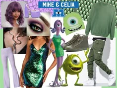 Celia costume: Wavy purple hair (if appropriate for you, you should do purple box braids!), green sequin dress, purple bell bottom pants, snake jewelry. Mike costume: green pants, shoes, and crewneck, mike Wazowski beanie Celia Halloween Costume, Mike Wazowski Girlfriend Costume, Mike Wazowski Costume Men, Morty And Jessica Costume, Celia And Mike Costume, Mike And Sully Couple Costume, Celia Mae Costume Diy