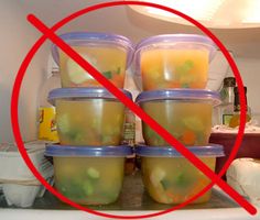 there are many plastic containers with food in them on the refrigerator door sill that is crossed by a red circle