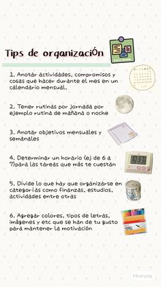 an info sheet with the words tips de organizacion in spanish and other languages