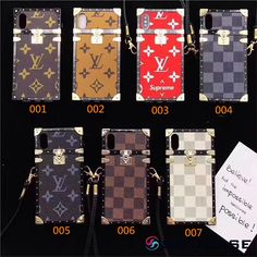 an assortment of louis vuitton phone cases with tags attached to the front and back