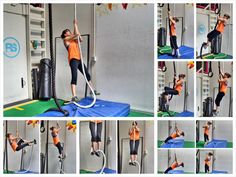 a woman is doing exercises on a rope in an exercise room with other pictures and instructions