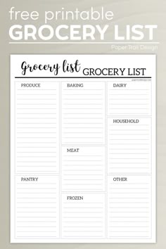 the grocery list printable is shown in black and white, with text that reads grocery list