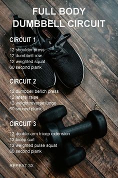 a poster with instructions for how to use dumbbells on a wooden floor in front of a pair of black shoes