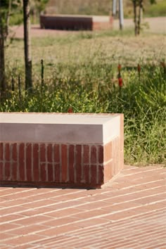 a man riding a skateboard down the side of a brick wall next to a park