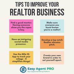 a poster with the words tips to improve your realtor business and how to use it