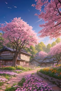 This digital artwork captures the serene beauty of a countryside village surrounded by cherry blossom trees, evoking a sense of tranquility and peace. The village sits amidst the calmness of nature, and the delicate pink blossoms create a beautiful contrast against the greenery of the landscape. This artwork is a perfect addition to any art collection that values the beauty of nature's serenity. Cherry Blossom Garden, Greenery Landscape, Anime Cherry Blossom, Easy Abstract Art, Anime Nature, Countryside Village, Canvas Art Painting Acrylic, Anime Landscape, Cherry Blossom Painting