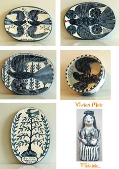 four plates with different designs on them, each depicting a woman holding a bird in her hands