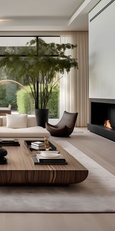 a modern living room with white couches and wood tables in front of a fireplace