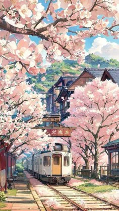 a train is traveling down the tracks near some cherry blossom trees and old fashioned buildings