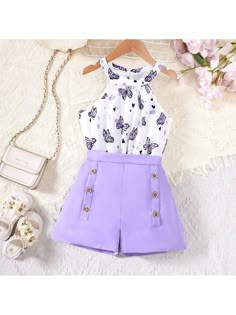 Morado Casual Collar   Floral,Geométrico,Plantas,Mariposa,Estampado Integral  Embellished Elástico Ligero Butterfly Themed Clothes, Cute Clothes Ideas, Cute Shorts Outfits, Cute Girl Clothes, Cute Outfits With Shorts, Preteen Fashion, Cute Dress Outfits, Casual Preppy Outfits