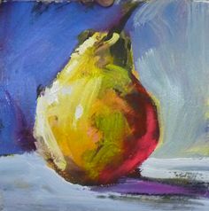 an oil painting of a pear on a blue background