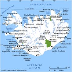 a map of iceland with all the major cities and towns in green, white and black