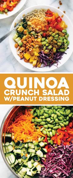 the cover of quinoa crunch salad is shown in three different bowls, including carrots, green beans and red cabbage