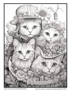 three cats with hats and flowers on their heads