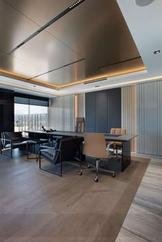 an empty conference room with chairs and tables