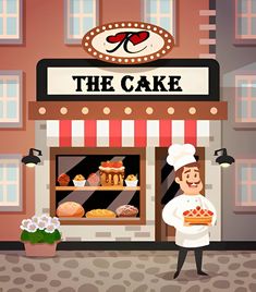 a bakery shop with a man holding a pie in front of it