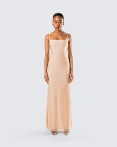 Keep their eyes on the prize in this gold sequin maxi dress 🤩 With a sleek and sexy fit, this dress is made from sequin and beaded stretch tulle, and complete with adjustable tank straps for a look that will have you outshining everyone ⭐ Glamorous Slip Dress For Prom And Party Season, Gold Embellished Dress With Spaghetti Straps, Glamorous Spaghetti Strap Slip Dress For Prom, Champagne Maxi Dress With Sequins For Night Out, Gold Fitted Dress With Beaded Straps, Elegant Sequin Dress With Beaded Spaghetti Straps, Elegant Sequin Evening Slip Dress, Glamorous Gold Slip Dress For Evening, Evening Sequin Dress With Spaghetti Straps For Prom Season