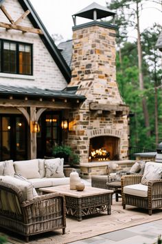 an outdoor living area with wicker furniture and stone fireplace in the background, surrounded by greenery