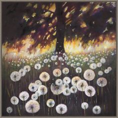 a painting of dandelions in front of a tree