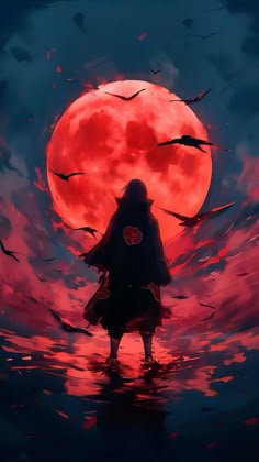 a person standing in front of a red full moon with birds flying around the scene