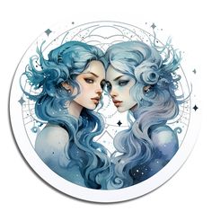 two women with blue hair are facing each other in front of a circular white background