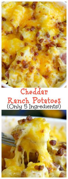 cheddar ranch potato casserole is shown in three different pictures, one with cheese and the other with bacon