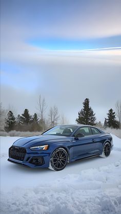 a blue car parked in the snow near some trees and bushes on a cloudy day