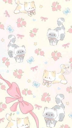 an image of cats with bows and flowers on the wall in front of pink background