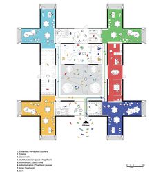 the floor plan for an apartment building with different colored floors and areas that include various rooms