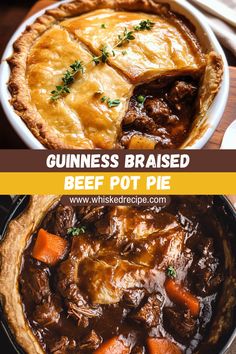 Warm up this Christmas with a Guinness Braised Beef Pot Pie! Tender beef, rich stout, and hearty vegetables under a golden crust. Perfect for cozy dinners or holiday feasts. Beef Pot Pies With Pie Crust, British Beef Pie, Beef Ale Pie, Beef Bourguignon Pot Pie, British Savory Pies, Pot Roast Pie, Meat Pie Ideas, Single Serve Pot Pie, English Beef Pie