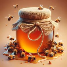 a jar of honey with bees around it